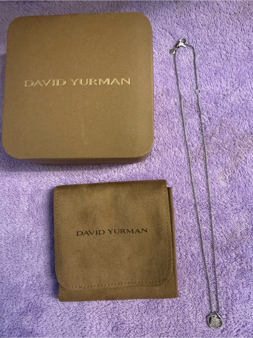 David Yurman Brown Leather Pouch with Branded Box Infinity necklace.